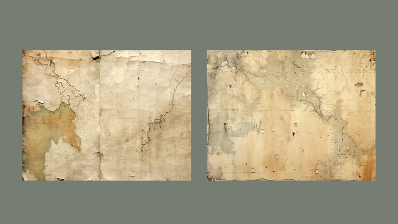 May include: Two pieces of old, worn, and faded paper with visible cracks and tears. The paper is a light beige color with a slight yellow tint. The paper has a rough texture and appears to be very old.