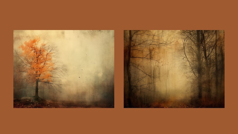 Puede incluir: Dos im&aacute;genes de un bosque brumoso. La primera imagen muestra un solo &aacute;rbol naranja en el centro de la imagen. La segunda imagen muestra un camino a trav&eacute;s de un bosque denso.