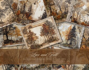 Kit per diario di scarto "Shabby Autumn Forest" con pagine autunnali, foglie secche, sfondo, carta digitale stampabile in pizzo per scrapbooking, alberi, vintage effimeri