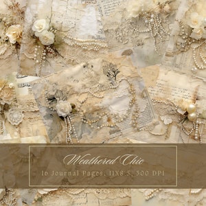 Shabby Chic Junk Journal Kit Beige Vintage Spitze Ephemera Collage Sheets Druckbare weiße Blume Digitales Papier Scrapbooking Perle Blumenseiten