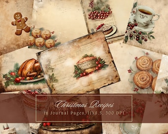 Kit di diario spazzatura per la festa di Natale, pagine di cibo, diario di ricette effimere vintage, carta digitale stampabile per scrapbooking, pagina grunge shabby chic