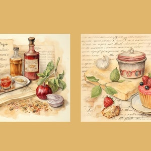 May include: Two watercolour illustrations on a vintage background. The first image shows a still life with two glasses of red liquid, a lemon, a red apple, and three bottles of liquid. The second image shows a cupcake with red frosting and strawberries, a small jar of jam, and a sugar bowl.