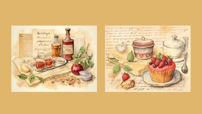 May include: Two watercolour illustrations on a vintage background. The first image shows a still life with two glasses of red liquid, a lemon, a red apple, and three bottles of liquid. The second image shows a cupcake with red frosting and strawberries, a small jar of jam, and a sugar bowl.
