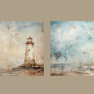 May include: Two watercolor paintings of lighthouses on rocky islands. The lighthouses are white with red roofs and are set against a blue sky with clouds. The water is a light blue and the rocks are brown.