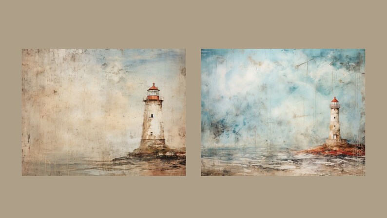 May include: Two watercolor paintings of lighthouses on rocky islands. The lighthouses are white with red roofs and are set against a blue sky with clouds. The water is a light blue and the rocks are brown.