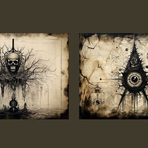 May include: Two black and white ink drawings on a textured paper background. The first drawing depicts a skull with branches growing from it. The second drawing depicts a large eye with a triangle shape and lines radiating from it.
