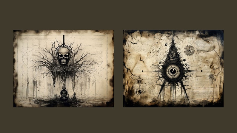 May include: Two black and white ink drawings on a textured paper background. The first drawing depicts a skull with branches growing from it. The second drawing depicts a large eye with a triangle shape and lines radiating from it.
