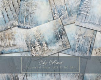 Kit diario spazzatura foresta invernale, pagine di diario con sfondo di alberi innevati, carta digitale stampabile, scrapbooking, shabby chic, vintage, effimero