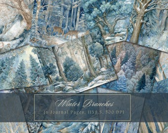 Kit per diario con foresta invernale ad acquerello, pagine di diario con sfondo invernale, pagine di alberi stampabili, carta digitale per scrapbooking, neve di Natale