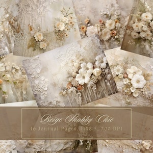 Vintage Lace Junk Journal Kit Beige Shabby Chic Collage Sheets Druckbare weiße Blume Digitales Papier für Scrapbooking Blumenseiten Ephemera