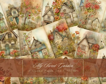 Vintage Houses Flowers Junk Journal Kit Vintage Ephemera Journal Digital Paper Scrapbooking Garden Printable Collage Sheets Instant Download