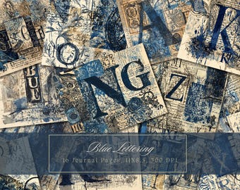 Zestaw dziennika Blue Collage Junk Navy Digital Paper Texture Grunge Sheets Scrapbooking Vintage Ephemera Shabby Pages Journal Instant Download