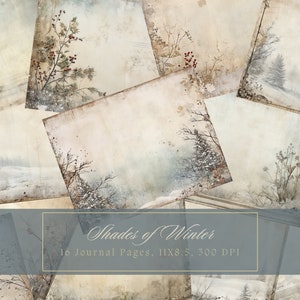 Kit de diario basura de invierno vintage, papel digital rústico con nieve para álbumes de recortes, páginas de diario en blanco de Navidad desgastadas, descarga instantánea grunge