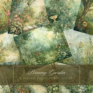 Aquarel tuin glade ongewenste dagboek papier botanische achtergrond dagboek pagina's afdrukbare ongewenste dagboek Kit bomen digitaal papier scrapbooking
