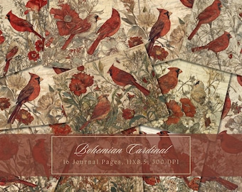 Red Cardinal Birds and Flowers Junk Journal Kit Vintage Ephemera Journal Birds Digital Paper Boho Scrapbooking Printable Collage Sheets