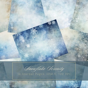Papel de diario basura con copos de nieve de acuarela, páginas de diario con fondo de invierno, kit de diario basura imprimible, papel digital de nieve para álbumes de recortes