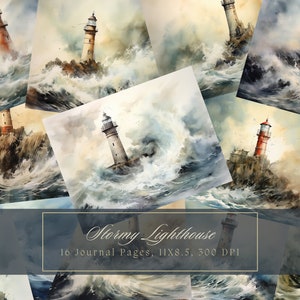 May include: A digital collage of 16 watercolor paintings featuring lighthouses in stormy seas. The images are arranged in a grid pattern and feature a variety of lighthouse designs and sea conditions. The text "Stormy Lighthouse" and "16 Journal Pages, 11X8.5, 300 DPI" is displayed at the bottom of the collage.