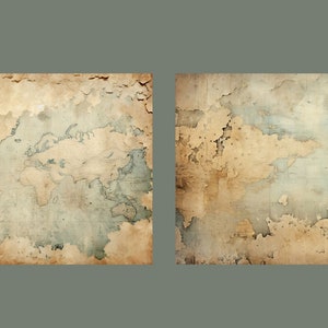 May include: Two vintage world maps printed on aged paper with faded ink and torn edges.