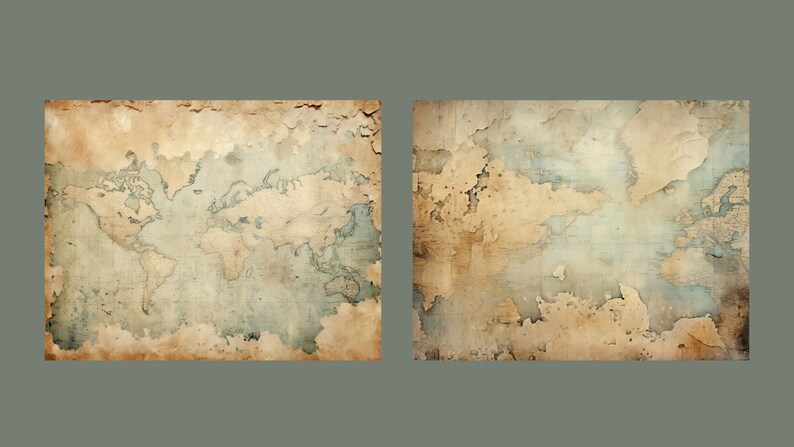 May include: Two vintage world maps printed on aged paper with faded ink and torn edges.