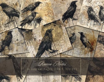 Black Raven Junk Journal Kit gotische pagina's donkere magie digitaal papier Halloween scrapbooking kraai collagebladen heks vintage efemere fantasie