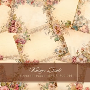 Páginas de diário vintage florais para impressão, papel pautado grunge, papel de carta vintage vitoriano para impressão, páginas surradas, página de diário em branco