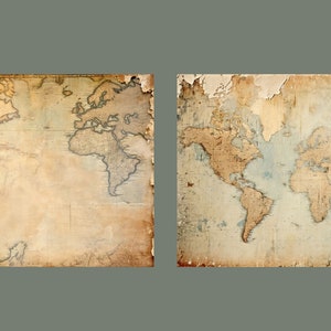 May include: Two vintage world maps printed on aged paper with a faded blue and brown color scheme. The maps are slightly torn and have a distressed look.