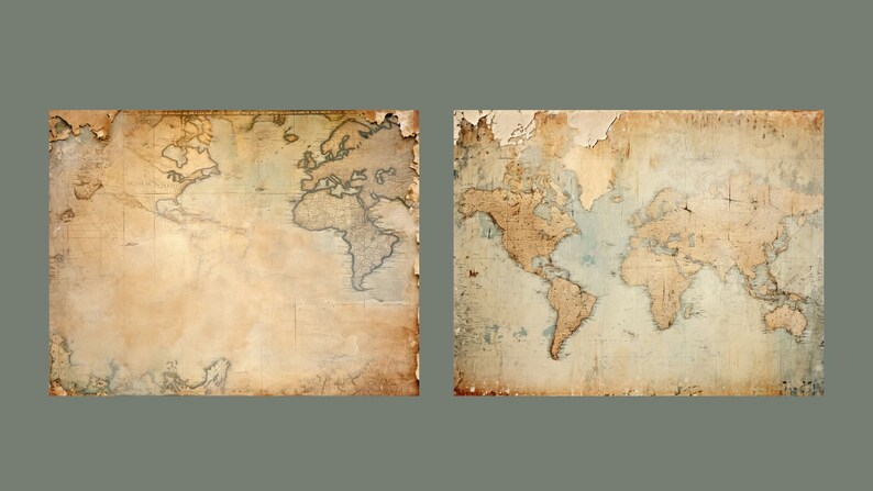 May include: Two vintage world maps printed on aged paper with a faded blue and brown color scheme. The maps are slightly torn and have a distressed look.