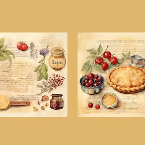 May include: Two watercolour paintings depicting a still life of cherry pie, cherries, and other ingredients. The first painting features a lemon, a jar of jam, and a bouquet of herbs. The second painting features a cherry pie, a bowl of cherries, a jar of syrup, and a small cup.