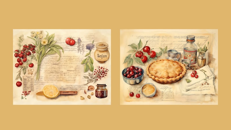 May include: Two watercolour paintings depicting a still life of cherry pie, cherries, and other ingredients. The first painting features a lemon, a jar of jam, and a bouquet of herbs. The second painting features a cherry pie, a bowl of cherries, a jar of syrup, and a small cup.