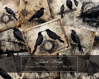 Black Raven Junk Journal Kit gotische pagina's donkere magie digitaal papier Halloween scrapbooking kraai collagebladen heks vintage efemere fantasie