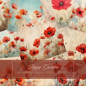 Papoula lixo diário kit vintage flores diário papoilas papel digital para scrapbooking floral imprimível páginas gastas download instantâneo