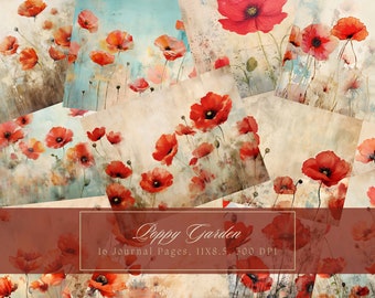 Poppy Junk Journal Kit Vintage Flowers Journal Poppies Digital Paper for Scrapbooking Floral Printable Shabby Pages Instant Download