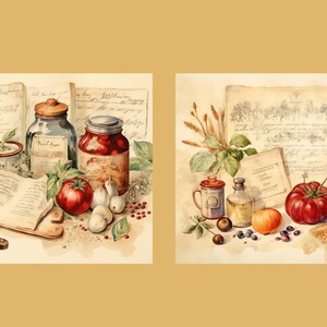 May include: Two watercolour paintings depicting still life arrangements of food and kitchen items. The first painting features a bowl of red cherries, a jar of pickled peppers, a jar of preserved fruit, a tomato, garlic, and a cookbook. The second painting features a loaf of bread, a tomato, a jar of jam, a jar of honey, a jar of spices, a sprig of wheat, and a bowl of blueberries.