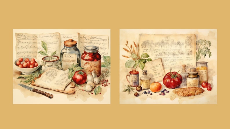 May include: Two watercolour paintings depicting still life arrangements of food and kitchen items. The first painting features a bowl of red cherries, a jar of pickled peppers, a jar of preserved fruit, a tomato, garlic, and a cookbook. The second painting features a loaf of bread, a tomato, a jar of jam, a jar of honey, a jar of spices, a sprig of wheat, and a bowl of blueberries.