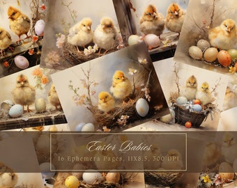 Kit de journal indésirable poussins de Pâques oeufs de Pâques vintage lapin éphémères journal papier numérique pour scrapbooking poulet aquarelle Pages imprimables