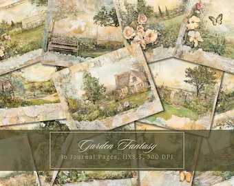 May include: Ten digital journal pages featuring vintage-inspired garden scenes. Each page is 11.8 x 8.5 inches and 300 DPI. The pages feature cottages, gardens, and other whimsical elements.