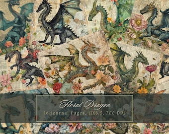 Kit di diario spazzatura del drago Pagine di diario fantasy Foglio di collage stampabile Carta digitale draghi per scrapbooking Fantastica pagina di diario squallido