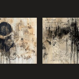 May include: Two abstract art pieces on canvas with black ink and paint splatters on a beige background. The left piece features a large black circle with a smaller circle inside. The right piece features a large black splatter with a smaller circle inside.