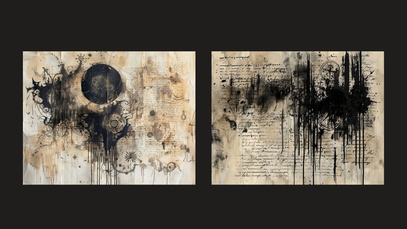 May include: Two abstract art pieces on canvas with black ink and paint splatters on a beige background. The left piece features a large black circle with a smaller circle inside. The right piece features a large black splatter with a smaller circle inside.