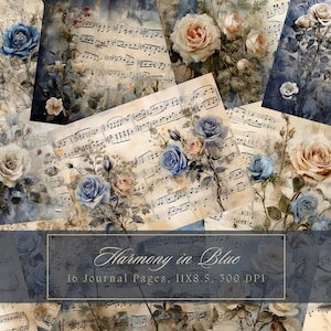 Kit de diario basura de rosas azules, partituras musicales, diario efímero vintage, papel digital, álbumes de recortes, páginas shabby imprimibles, kit de diario shabby chic