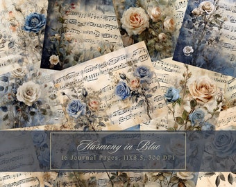Blue Roses Junk Journal Kit Music Scores Vintage Ephemera Journal Digital Paper Scrapbooking Printable Shabby Pages Journal Kit Shabby Chic