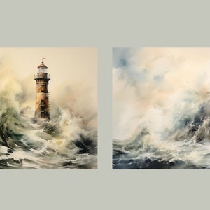 May include: Two watercolor paintings of a lighthouse standing on a rocky outcropping in the middle of a stormy sea. The waves are crashing against the rocks and the lighthouse is standing tall and strong.