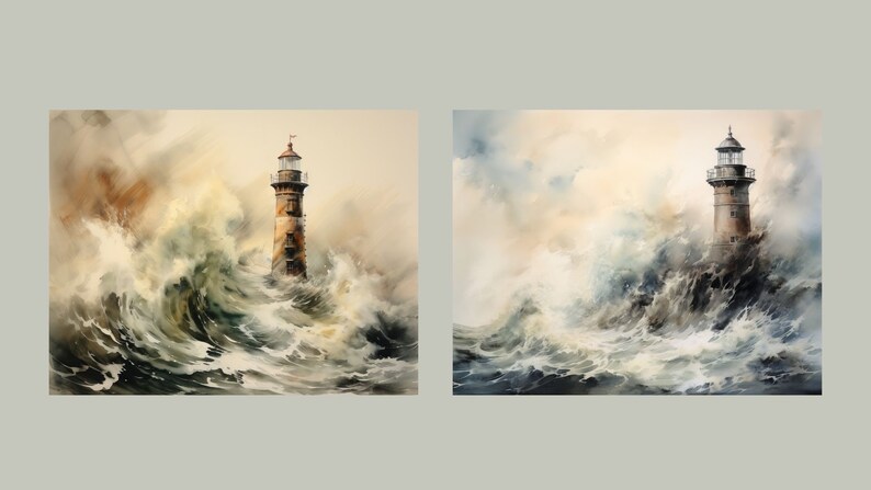 May include: Two watercolor paintings of a lighthouse standing on a rocky outcropping in the middle of a stormy sea. The waves are crashing against the rocks and the lighthouse is standing tall and strong.