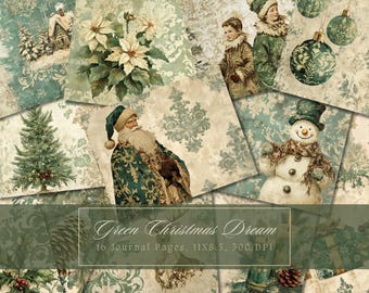 Green Christmas Junk Journal Kit Snowman Vintage Ephemera Santa Claus ...