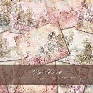French Toile Junk Journal Kit Pink Mixed Media Collage Hojas imprimibles Vintage Ephemera Shabby Chic Páginas Papel digital para Scrapbooking