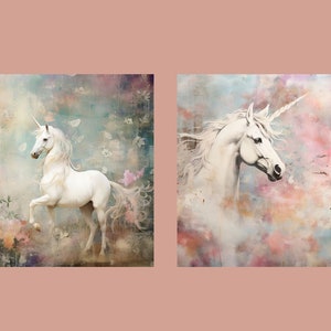 May include: Two digital art prints featuring white unicorns in a dreamy, colorful, abstract background. The first print shows a unicorn standing on its hind legs, while the second print shows a unicorn's head and neck.