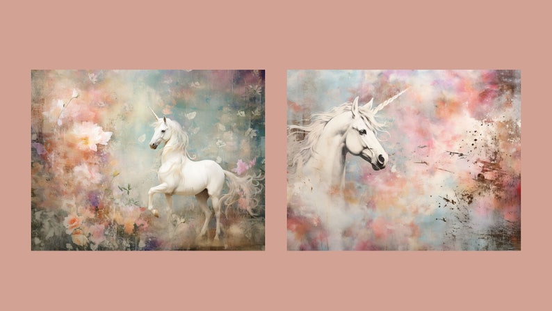May include: Two digital art prints featuring white unicorns in a dreamy, colorful, abstract background. The first print shows a unicorn standing on its hind legs, while the second print shows a unicorn's head and neck.