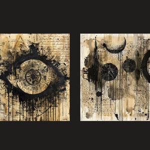 May include: Two abstract paintings on canvas with black ink and white lines on a beige background. The left painting features a large black eye with a circular pattern inside. The right painting features a crescent moon and other circular shapes.