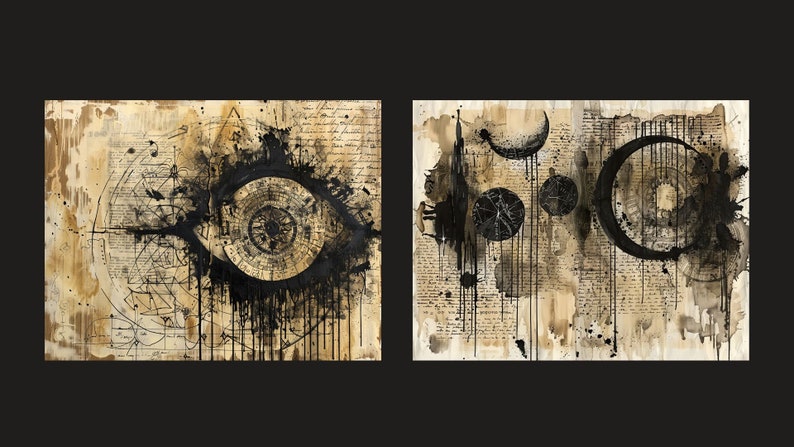 May include: Two abstract paintings on canvas with black ink and white lines on a beige background. The left painting features a large black eye with a circular pattern inside. The right painting features a crescent moon and other circular shapes.