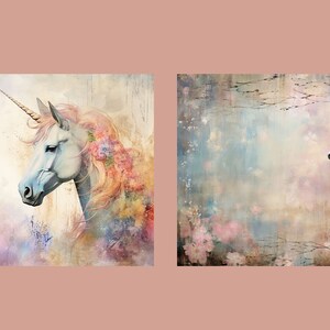 May include: Two digital art prints featuring white unicorns with gold horns. The first print shows a unicorn's head with a floral mane against a colorful background. The second print shows a full-body unicorn standing in a field of flowers against a light blue background.